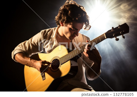 Musician performing on acoustic guitar at a concert, dramatic stage lights 132778105