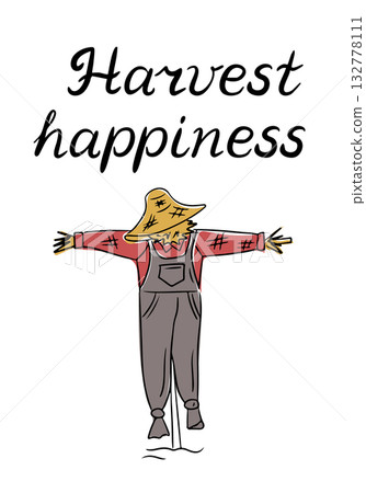Autumn poster with hand drawn scarecrow and phrase Harvest happiness in playful lettering. Concept of fall celebration, gratitude and rural charm during harvest season Autumn poster with hand drawn scarecrow and phrase Harvest happiness in playful lettering. Concept of fall celebration, gratitude and rural charm during harvest season 132778111