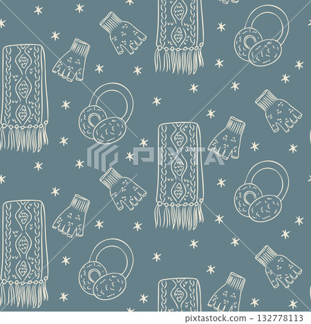 Seamless winter pattern with scarves, mittens and earmuffs in hand drawn outline style on blue background. Concept of cozy season, warmth and cold weather accessories Seamless winter pattern with scarves, mittens and earmuffs in hand drawn outline style on blue background. Concept of cozy season, warmth and cold weather accessories 132778113