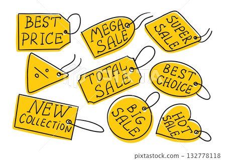 Set of bright yellow sale tags with handwritten text in various shapes for promotion and advertising. Concept of discount, marketing and retail offers during seasonal campaigns 132778118