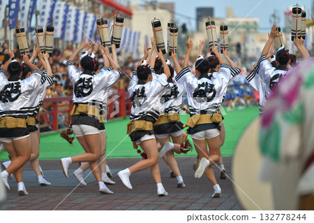 Authentic Tokushima Awa Odori Dance: Famous troupes dancing in happi coats at the performance venue 132778244