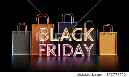 Neon black friday shopping bags against dark background highlighting holiday discounts 132778522