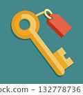Gold key with tag. Security, real estate concept image. Cartoon vector illustration 132778736