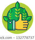 Thumbs up against green leaves. Eco organic concept. Flat vector illustration 132778737