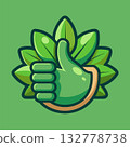 Thumbs up and green leaves. Eco organic concept. Flat vector illustration 132778738