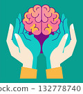Hands holding a brain image. Psychological health and mental wellness concept. Cartoon vector illustration 132778740