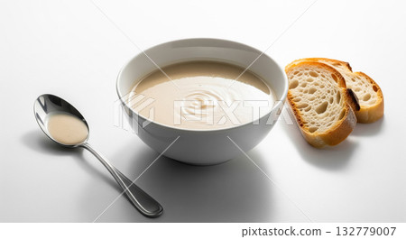 Potato Cream Soup with Baguette on White Table 132779007