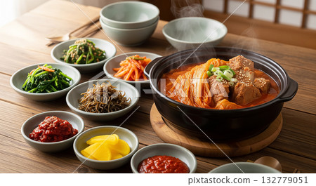 Korean Kimchi Stew with Side Dishes on Wooden Table 132779051