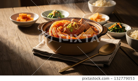 Traditional Korean Meal Set with Kimchi Stew and Side Dishes Traditional Korean Meal Set with Kimchi Stew and Side Dishes 132779053