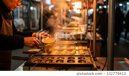 Vendor Making Korean Peanut Bread At Night 132779413