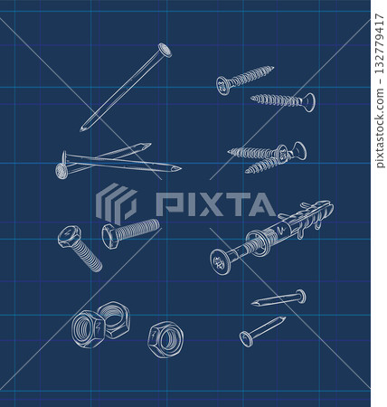 Screws, bolt, nut, wall plug and rivets set blue 132779417