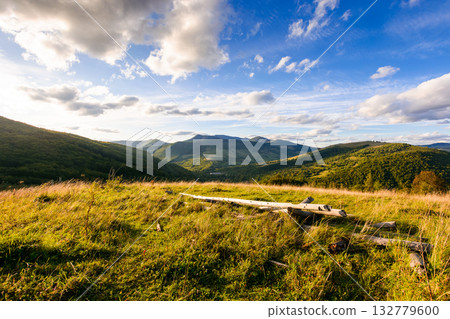 countryside mountain landscape in autumn. rural field on green hill. beautiful scenery with grassy meadow and forested slope in highland of ukraine under blue sky. scenic carpathian view in afternoon 132779600