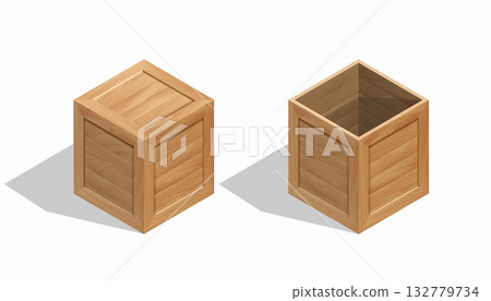 Wooden crates, open and closed. Isometric view isolated on a white background. Vector mockup. Wooden crates, open and closed. Isometric view isolated on a white background. Vector mockup. 132779734