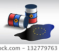 Russian crude oil from a barrel is poured 132779763