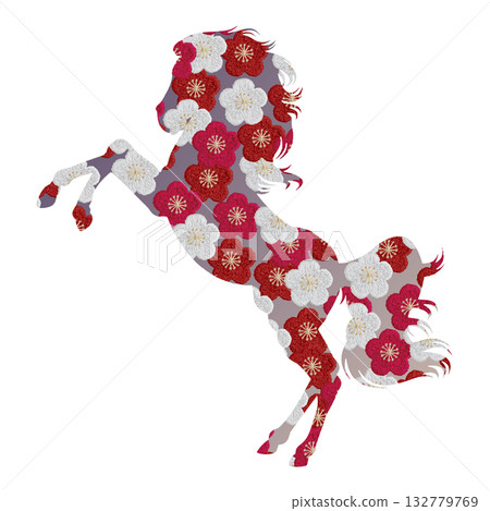 [Horse silhouette on plum background] Hand embroidery illustration material 132779769