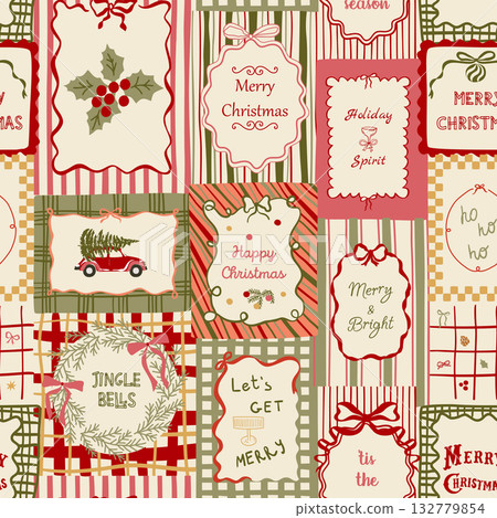 Vintage Christmas greeting posters seamless pattern. Vector retro winter holiday cards background, wallpaper. 132779854