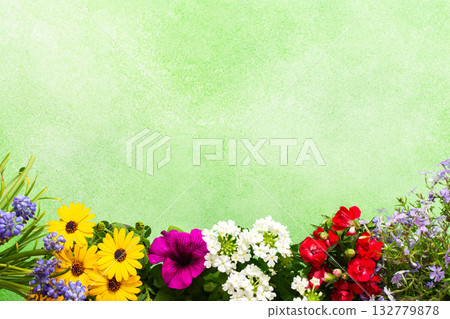 Beautiful spring flowers adorn a balcony, creating a cheerful atmosphere. The colorful blooms in various shades brighten the terrace, celebrating the arrival of warmer days Beautiful spring flowers adorn a balcony, creating a cheerful atmosphere. The colorful blooms in various shades brighten the terrace, celebrating the arrival of warmer days 132779878