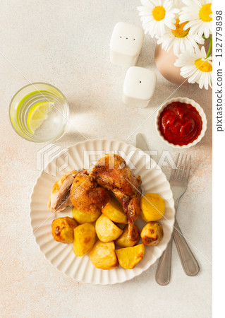 A delicious meal featuring baked rabbit and golden roasted potatoes is served on a round, ridged plate. Accompanying the dish is a glass of water with lemon slices, a small bowl of ketchup 132779898