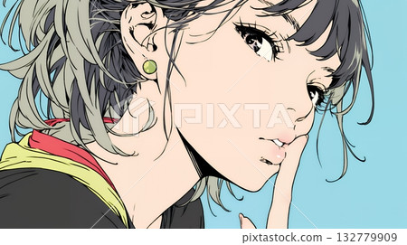 A woman making a "shh" gesture with her finger over her lips 132779909