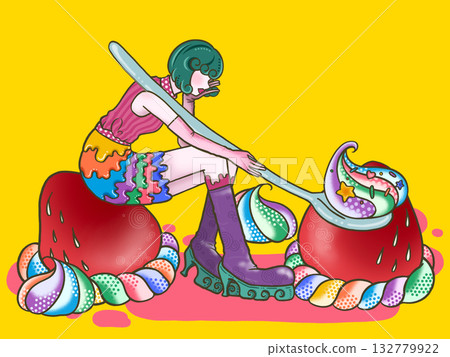 Sweets, strawberries and girls on a yellow background 132779922