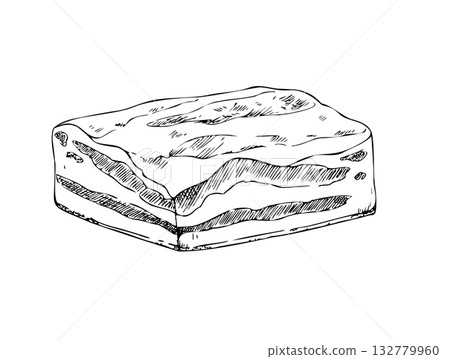 Vector lard. Graphic ink pork Pork belly illustration, isolated on background. Hand drawn line sketch. For designers, prints, logo, icon, menu, postcards, holiday, covers Vector lard. Graphic ink pork Pork belly illustration, isolated on background. Hand drawn line sketch. For designers, prints, logo, icon, menu, postcards, holiday, covers 132779960