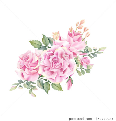 Pink rose floral composition, delicate beige freesia, leaf, pistachio. Pastel botanical flower Illustration isolated from background for wedding invitation, birthday card, funeral decoration, textile 132779983