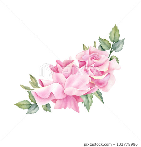 Pink rose spring floral composition. Elegance botanical flower with leaves. Illustration isolated from background for wedding invitation, birthday card or funeral decoration, printing, textile design Pink rose spring floral composition. Elegance botanical flower with leaves. Illustration isolated from background for wedding invitation, birthday card or funeral decoration, printing, textile design 132779986