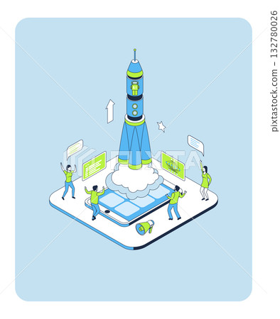 Cartoon Color Launch Start Up AI Concept 3d Isometric View Line Elements. Vector illustration of Sartup Artificial Intelligence 132780026