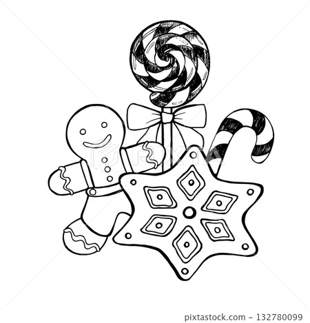 Black, white vector illustration of Christmas sweets gingerbread man, candy cane, lollipop, star cookie. Festive holiday dessert design, winter decoration, cute hand-drawn outline art for coloring. Black, white vector illustration of Christmas sweets gingerbread man, candy cane, lollipop, star cookie. Festive holiday dessert design, winter decoration, cute hand-drawn outline art for coloring. 132780099