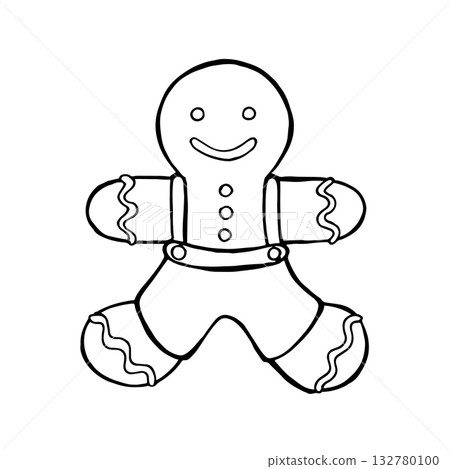 Vector black and white illustration of a gingerbread man. Gingerbread holiday cookies are hand drawn. Ideal for Christmas design, cards, invitations, packaging, gift wrapping. 132780100