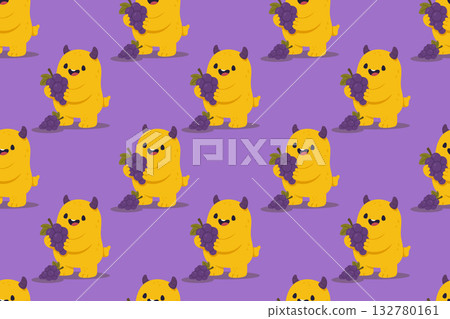 Cute yellow monster holding grapes, seamless kids pattern for school and toy design 132780161