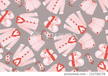 Romantic red pajama seamless pattern with hearts and cozy sleep accessories for Valentines Day 132780176