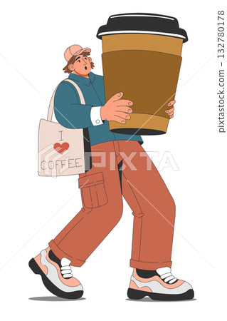 Young man with tote bag and oversized coffee cup in flat vector style Young man with tote bag and oversized coffee cup in flat vector style 132780178