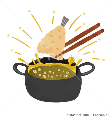 Frying pan with oil splashing and frying cricket tempura - watercolor hand-drawn illustration Frying pan with oil splashing and frying cricket tempura - watercolor hand-drawn illustration 132780238