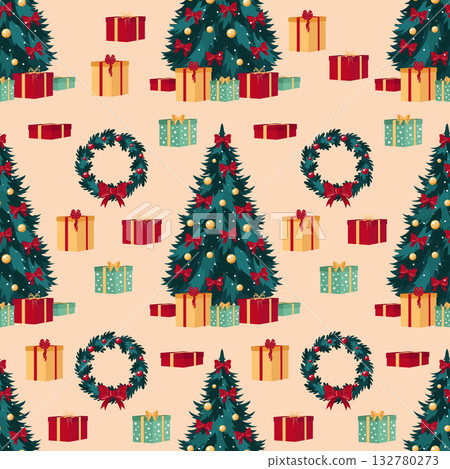 Christmas tree seamless pattern. Christmas tree decorated with garlands, balls and bows. Christmas gifts under the tree. Vector New Year background. 132780273