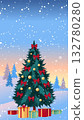 Decorated Christmas tree against the backdrop of a winter landscape. Christmas and New Year festive vertical social media template or flyer background. 132780280