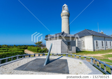 Tsunoshima Lighthouse stands out against the blue sky of Tsunoshima, Shimonoseki City, Yamaguchi Prefecture 132780325