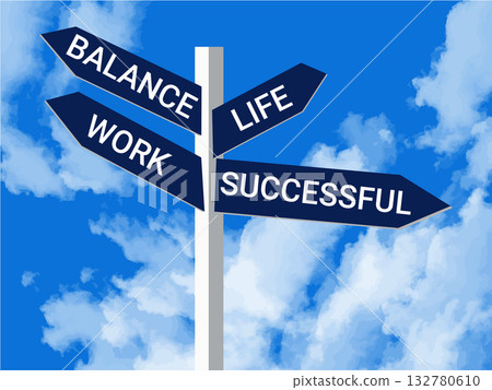 Life, Work, Balance and Successful with arrows, a metal signpost sky with clouds. Signpost shows career and leisure. 132780610