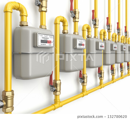 Row of gas meter - 3D illustration 132780620