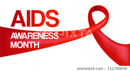 World AIDS awareness month banner with red ribbon. World HIV awareness month starts in December. Red ribbon with text isolated on white background. World AIDS Day December 1st 132780649