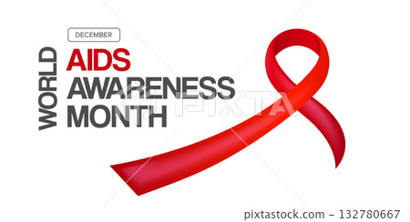 World AIDS awareness month banner with red ribbon. World HIV awareness month starts in December. Red ribbon with text isolated on white background. World AIDS Day December 1st 132780667