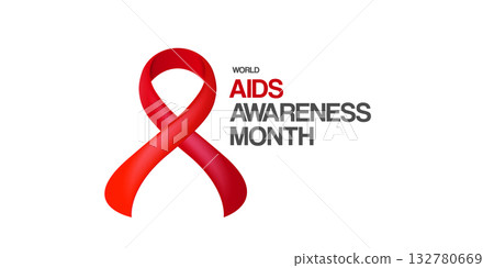 World AIDS awareness month banner with red ribbon. World HIV awareness month starts in December. Red ribbon with text isolated on white background. World AIDS Day December 1st 132780669