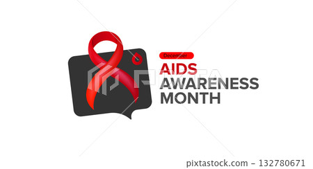 World AIDS awareness month banner with red ribbon. World HIV awareness month starts in December. Red ribbon with text isolated on white background. World AIDS Day December 1st 132780671