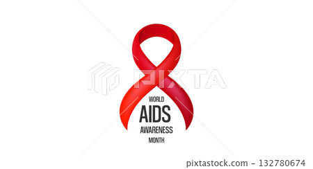 World AIDS awareness month banner with red ribbon. World HIV awareness month starts in December. Red ribbon with text isolated on white background. World AIDS Day December 1st 132780674