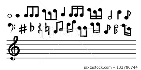 Musical notes on a musical line with a treble clef. Abstract vector melody. 132780744