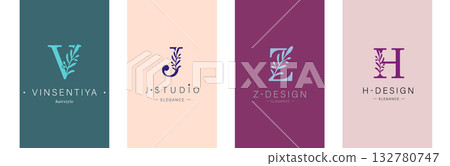 Logo V, J, capital letter Z, H. Monogram of Botanical Minimalistic, Initial. with Organic Logo V, J, capital letter Z, H. Monogram of Botanical Minimalistic, Initial. with Organic 132780747
