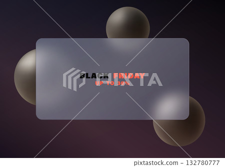 Abstract banner with a rounded frosted glass panel and dark brown spheres in the glassmorphism style. Abstract banner with a rounded frosted glass panel and dark brown spheres in the glassmorphism style. 132780777