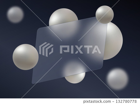 Abstract banner with frosted glass panel, spheres and deep dark blue background in glass morphism style. Abstract banner with frosted glass panel, spheres and deep dark blue background in glass morphism style. 132780778