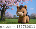 Spring scenery of a horse standing under cherry blossoms 132780811