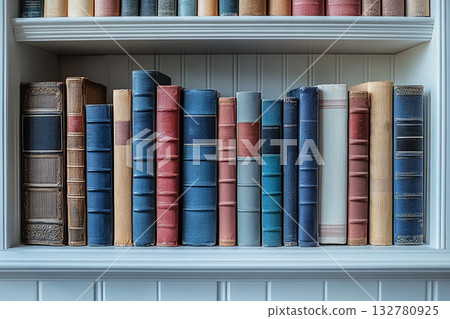 Book covers. Stack of Books in a wooden cabinet on a white background. Library aesthetic concept. Learning and education. 132780925